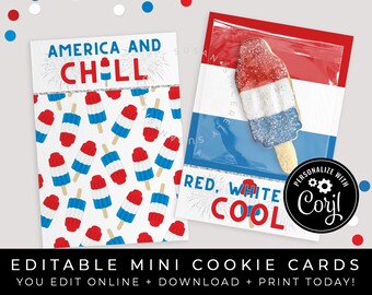 CUSTOMIZABLE Patriotic Popsicle Mini Cookie Card Printable, Personalized America USA Red White and Cool 4th of July Popsicle, Corjl #137 VIP