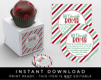 Instant Download Christmas Hot Chocolate Bomb Tag Printable, Red and Green Candy Cane Stripe Holiday Bomb Directions Instructions #196ID VIP