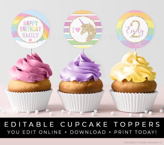 unicorn cupcake toppers rainbow printable birthday party etsy