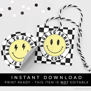 Sofortiger Download Back to School is COOL Smiley Cookie Anhänger, Erster Schultag BTS Schwarz Karierter Cookie Anhänger, #304AID VIP