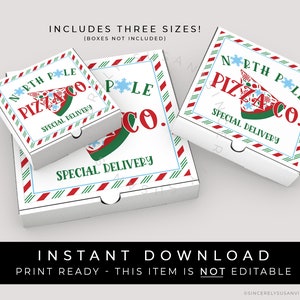 Descarga instantánea North Pole Pizza Co., etiqueta de caja de mini pizza, etiqueta de galleta de pizza de elfo de entrega especial pegatina navideña imprimible, #208SMID VIP