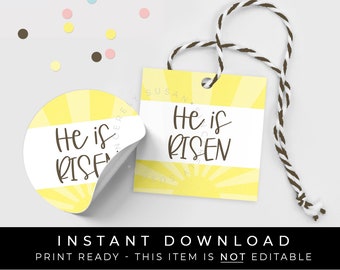 Instant Download He is Risen Easter Cookie Tag, Jesus Christ has Risen Sonshine Sun Happy Easter Christian Cookie Printable Tag, #290ID VIP