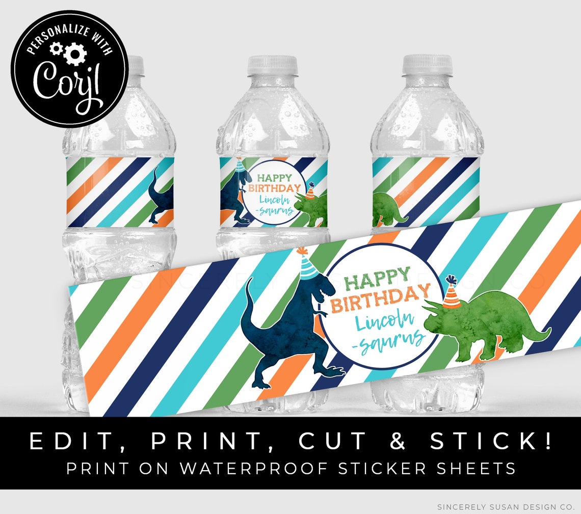 Printable Dinosaur Water Bottle Labels Personalized Dino Etsy