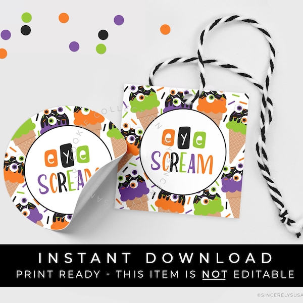 Instant Download Eye Scream Halloween Ice Cream Cookie Tag Printable, Spooky Eyeballs Halloween Ice Cream Cone Cookie Tag, #281AID VIP