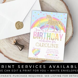 May include: A printable birthday invitation featuring a gold glitter unicorn with a rainbow and hearts on a light blue background. The text reads "Join us for a magical birthday celebration for Caroline" with the date and time of the party.