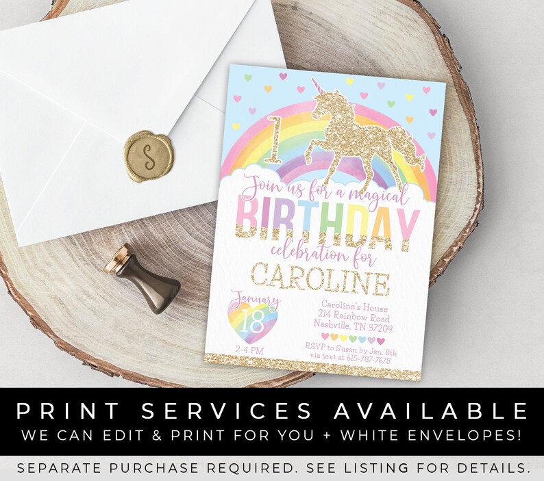 May include: A printable birthday invitation featuring a gold glitter unicorn with a rainbow and hearts on a light blue background. The text reads "Join us for a magical birthday celebration for Caroline" with the date and time of the party.