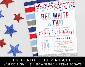 Red White and TWO 4th of July Birthday Invitation Patriotic Stars Stripes Editable Template Download Printable Second 2nd Invite Corjl #057A