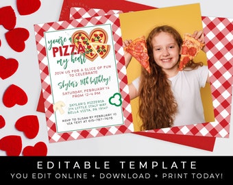 Valentine Pizza Party Photo Invitation, Heart Pizza Birthday Theme Printable Party Invite, Editable Instant Template Download, Corjl #098G