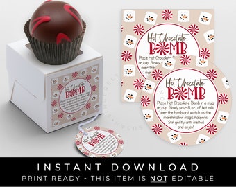 Instant Download Holiday Hot Chocolate Bomb Tag, Printable Marshmallow Snowman Peppermint Christmas Chocolate Bomb Directions, #192DID VIP