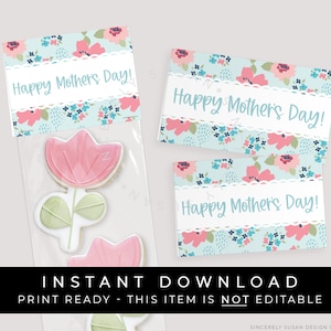Descarga instantánea Feliz Día de la Madre Floral Mini Cookie Bag Topper Imprimible, Azul Pastel Flores Cookie Topper Tag Regalo para mamá, #265BID VIP