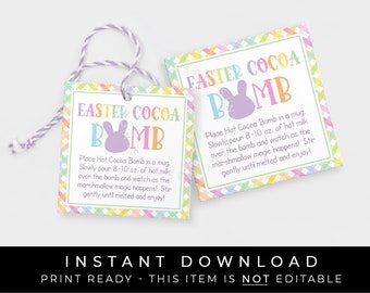 Instant Download Happy Easter Hot Cocoa Bomb Tag Printable, Spring Bunny Hot Chocolate Bomb Directions Square Tag Label, #256EID VIP