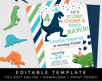 May include: Editable dinosaur birthday party invitation template with a blue, green, and orange striped background. The text reads "Let's Stomp, Chomp & Dino-Rawr! Lincoln-saurus is turning FOUR! Stomp on over and celebrate with us! Saturday, September 24, 2-4 PM, Lincoln's House, 4294 Fossil Drive, Dinosaur, CO 81610. RSVP to Susan by September 12, 2678."
