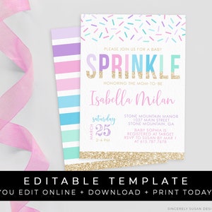 May include: A baby shower invitation with a sprinkle theme. The invitation is pink, blue, and green with gold glitter accents. The text on the invitation reads "Please join us for a baby sprinkle honoring the mom-to-be Isabella Milan. Saturday, March 25, 2-4 PM. Stone Mountain Manor, 1037 Main Street, Stone Mountain, GA. Baby Sophia is registered at Target. RSVP to Susan by Mar 1 at 615.787.7678."