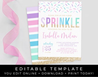 Rainbow Baby Sprinkle Invitation Girl Sprinkles Confetti Baby Shower Invite Printable Editable Instant Template Download, Corjl #014A
