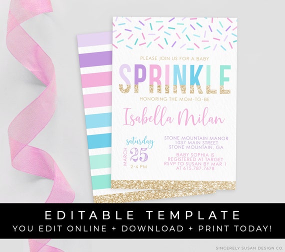 Rainbow Baby Sprinkle Invitation Girl Sprinkles Confetti Baby Shower Invite Printable Editable Instant Template Download, Corjl #014A
