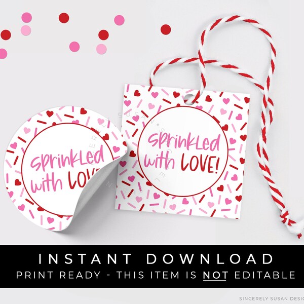 Instant Download Sprinkled With Love Valentine Cookie Tag, Red Pink Heart Sprinkles Party Favor Tag, Cookie Valentine Gift Tag, #226HID VIP