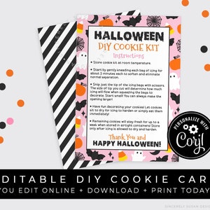 CUSTOMIZABLE Pink Halloween DIY Cookie Kit Instructions Printable Card, Assorted Halloween Cookie Decorating Kit Packaging, Corjl #179E VIP