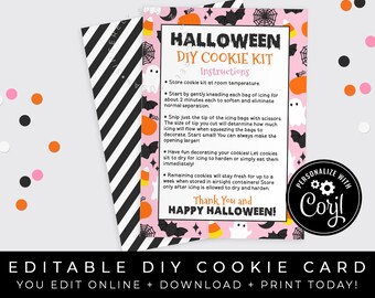 CUSTOMIZABLE Pink Halloween DIY Cookie Kit Instructions Printable Card, Assorted Halloween Cookie Decorating Kit Packaging, Corjl #179E VIP