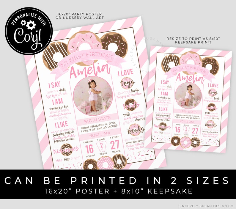Pink Donut Birthday Milestone Poster Printable Party 1st Birthday Girl Stats Sign Keepsake Nursery Art Editable Template Download Corjl #004