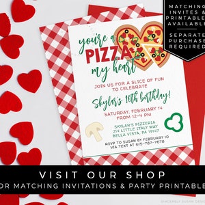 May include: A red and white checkered background with a printable invitation for a 10th birthday party. The invitation features a heart-shaped pizza with the text "you're a pizza my heart". The invitation also includes the text "Skylor's 10th birthday!" and details about the party, including the date, time, and location.