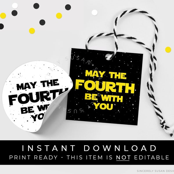 Instant Download May the Fourth Be With You Tag, Space Wars Galaxy May 4th Printable Party Favor Tag Sticker Cookie Tag, #114BW4THID VIP