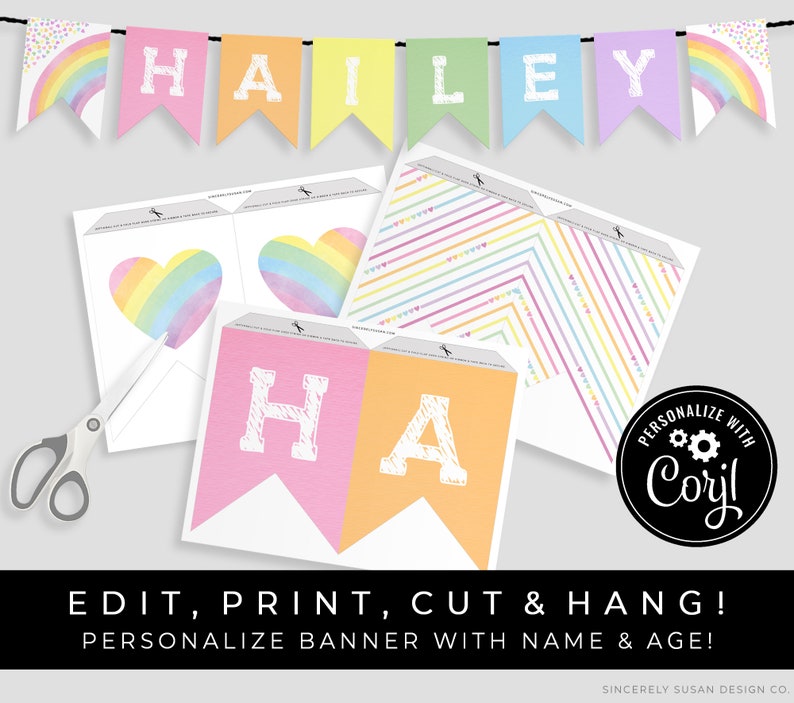 Rainbow Birthday Banner Printable Party Decorations Editable Pastel ...
