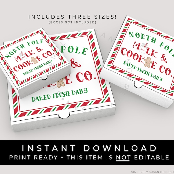 Instant Download Mini North Pole Milk & Cookie Co. Delivery Pizza Box Label, Baked Fresh Daily Cookie Tag Sticker Printable, #216BID VIP