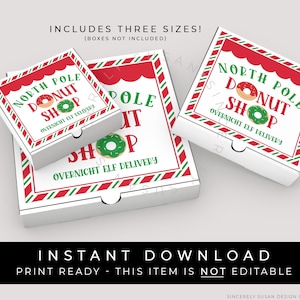 Instant Download Mini North Pole Donut Shop Elf Delivery Pizza Box Label, Overnight Doughnut Cookie Tag Sticker Christmas Printable #206 VIP