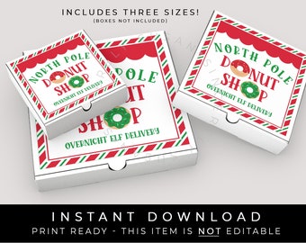 Instant Download Mini North Pole Donut Shop Elf Delivery Pizza Box Label, Overnight Doughnut Cookie Tag Sticker Christmas Printable #206 VIP