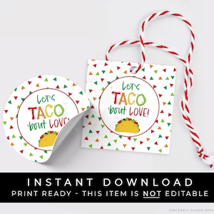 Instant Download Let&#39;s TACO Bout Love Cookie Tag, Fiesta Taco Love Cookie Tag, Valentine Taco Pun Gift Tag, #133T4ID VIP