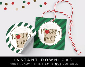 Instant Download Teacher Fuel Cookie Tag, Green Coffee Cup Back to School Apple BTS Gift Tag for Teacher Appreciation, #303CID VIP