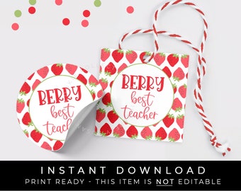 Instant Download Berry Best Teacher, Red Strawberry Cookie Teacher Gift Tag, Summer Strawberries End of School Treat Gift Tag, #190R3ID VIP