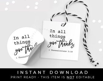 Instant Download Give Thanks Tag, Fall Thanksgiving Thankful Scripture Minimal Computer Typewriter Printable Cookie Tag, #148LID VIP