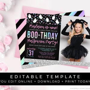 May include: Editable Halloween party invitation template with a black background, colorful confetti, ghosts, and a photo of a girl in a black tutu and spider headband. The text reads "Madison is nine! Please join us for a spook-tacular BOO-THDAY Halloween Party!"