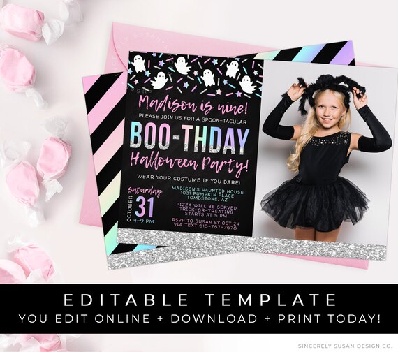 BOOthday Halloween Birthday Girl Photo Invitation Rainbow Party Printable Pink Ghost Invite Editable Template Instant Download Corjl #079E