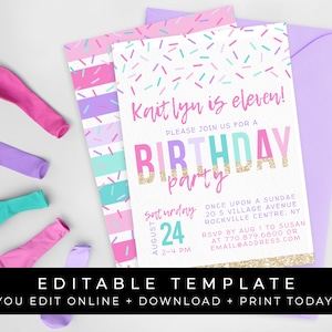 Sprinkles Birthday Invitation Ice Cream Confetti Rainbow Birthday Pink Purple Glitter Printable Editable Template Download, Corjl #041A