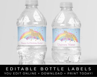 Printable Unicorn Water Bottle Labels Magical Glitter Rainbow Party Personalized Decorations Editable Instant Template Download, Corjl #018