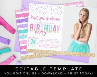 Sprinkles Birthday Party Invitation Pink Purple Rainbow Confetti Sprinkles & Gold Glitter Editable Printable Template Download, Corjl #041B