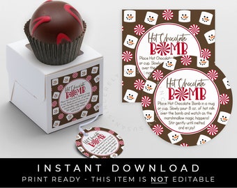 Instant Download Holiday Hot Chocolate Bomb Tag, Printable Marshmallow Snowman Peppermint Christmas Chocolate Bomb Directions, #192AID VIP