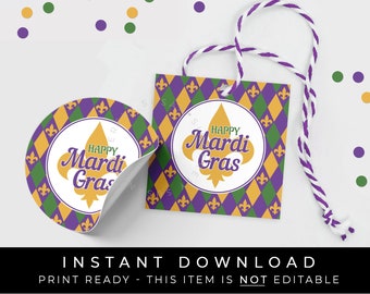 May include: A printable Mardi Gras tag with a purple, green, and gold diamond pattern. The tag features a circle with the text "Happy Mardi Gras" and a fleur-de-lis design. The tag is attached to a white and purple twine.