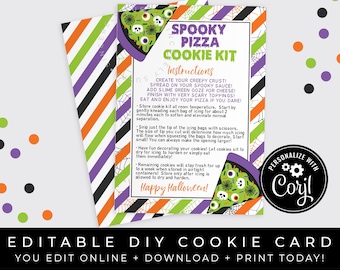 CUSTOMIZABLE Spooky Pizza Halloween DIY Cookie Kit Instructions Printable Card, Creepy Cookie Decorating Kit Card Packaging, Corjl #182W VIP