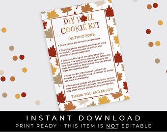 秋の DIY クッキーキット説明書の印刷可能なカードの即時ダウンロード、秋の葉の秋のクッキーデコレーションキット DIY 3.5 x 5"、#161RID VIP