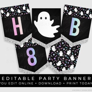 Halloween Birthday Banner Ghost Printable Party Decorations, Girl Rainbow Black & Glitter Bunting Editable Template Download, Corjl #079AID