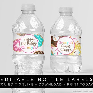 Printable Donut Water Bottle Labels Rainbow Sprinkles Birthday Party Personalized Decorations Editable Instant Template Download, Corjl #005