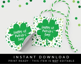 Instant Download Happy St. Patrick's Day Cookie Tag, Green Shamrock Sprinkles 4 Leaf Clover Good Luck Cookie Printable Tag, #242CID VIP