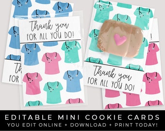 CUSTOMIZABLE Scrubs Nurse Appreciation Medical Cookie Cards, Doctor Healthcare Heroes Personalized Printable Cookie Packaging Corjl #112 VIP