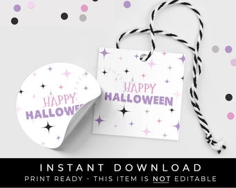Instant Download Happy Halloween Tag, Printable Halloween Stars Cookie Tag Spooky Sweet Treat Pastel Pink Purple Starburst, #175BID VIP