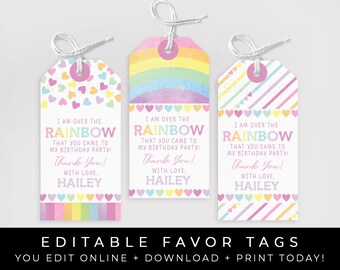 May include: Three printable favor tags with a rainbow design and the text "I am over the rainbow that you came to my birthday party! Thank you! With love, Hailey".