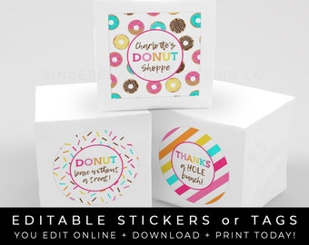 Donut Birthday Party Favor Tag Stickers Printable Donut Treat Bag Tags Confetti Sprinkles Party Decor Editable Template Download Corjl #005