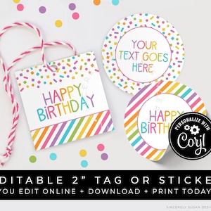 CUSTOMIZABLE Happy Birthday Rainbow Confetti Tag, Rainbow Sprinkles Birthday Mini Cookie Packaging Printable Gift Tag, Corjl #124A VIP